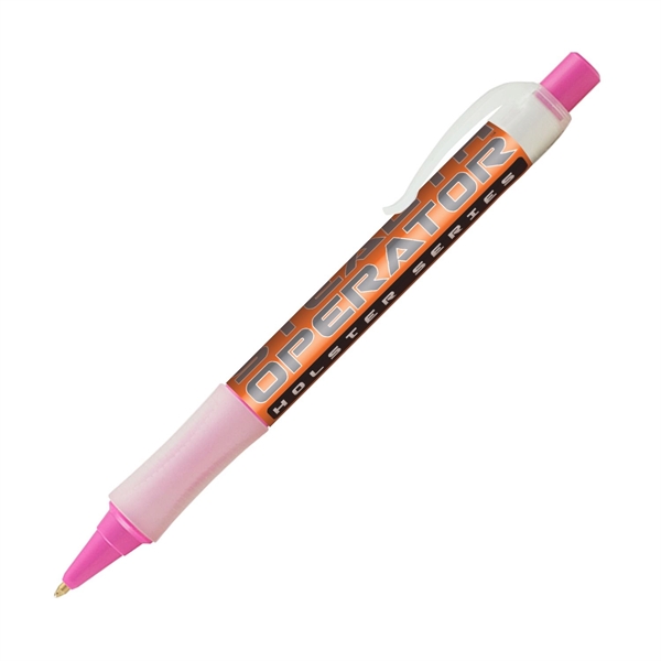 Plastic plunger-action ballpoint pen with wraparound imprint, pocket clip and textured... from ASI 62088 IDProductsource