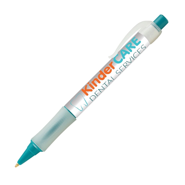 Plastic plunger-action ballpoint pen with wraparound imprint, pocket clip and textured... from ASI 62088 IDProductsource