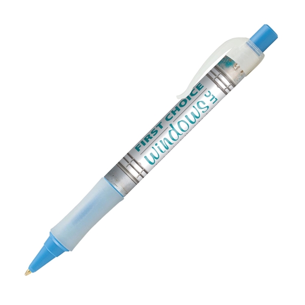 Plastic plunger-action ballpoint pen with wraparound imprint, pocket clip and textured... from ASI 62088 IDProductsource