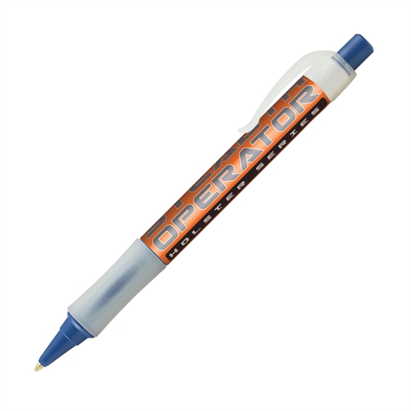 Plastic plunger-action ballpoint pen with wraparound imprint, pocket clip and textured... from ASI 62088 IDProductsource
