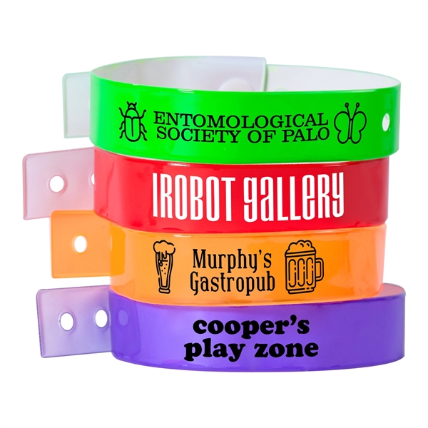 Custom 5'8" L-shaped vinyl wristbands with locking snap and adjustable holes.... from ASI 62088 IDProductsource