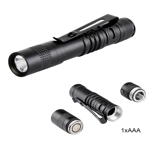 Single black mini LED flashlight in aluminum alloy with clip... from ASI 37218 Athena Promo (tm)