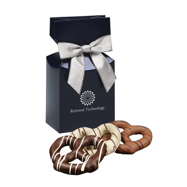 Premium Delights navy gift box featuring your logo with Chocolate Covered... from ASI 68680 Maple Ridge Farms Inc