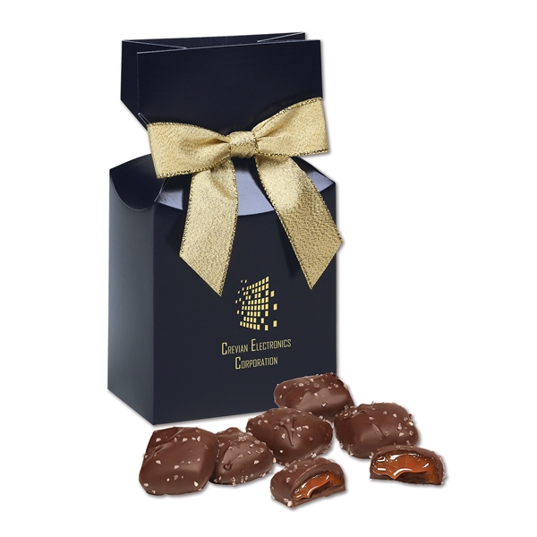 Navy gift box filled with chocolate sea salt caramels.... from ASI 68680 Maple Ridge Farms Inc