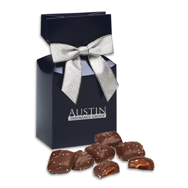 Navy gift box filled with chocolate sea salt caramels.... from ASI 68680 Maple Ridge Farms Inc
