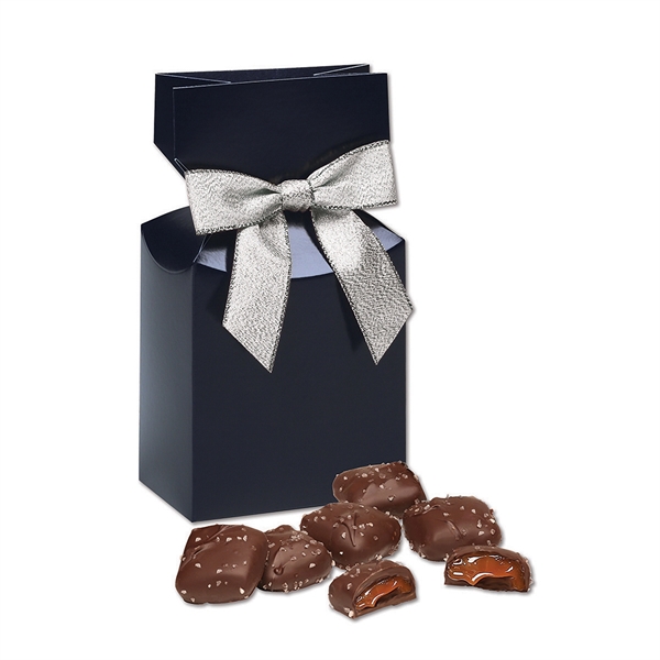 Navy gift box filled with chocolate sea salt caramels.... from ASI 68680 Maple Ridge Farms Inc