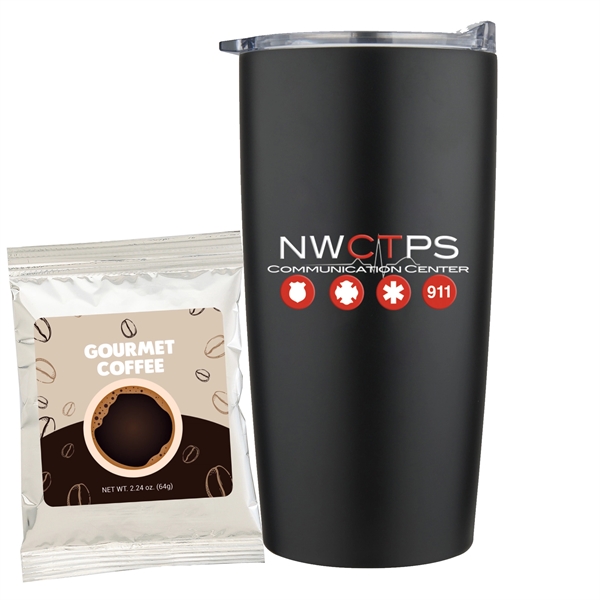 20 oz Stainless steel straight tumbler with gourmet coffee packet.... from ASI 71685 Midnite Snax® / Promo Revolution