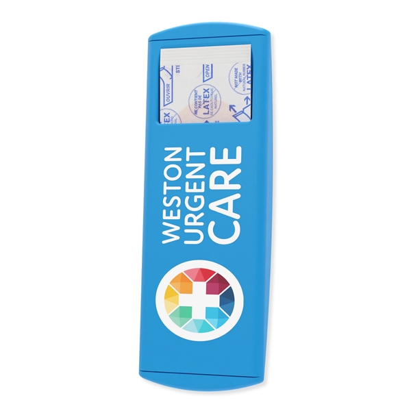 Full color USA made imprinted bandage dispenser with five bandages inside.... from ASI 54040 Fey Promo