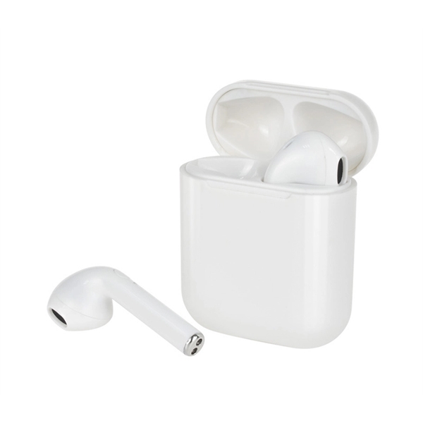 A pair of white wireless bluetooth earbuds with an included charging... from ASI 37218 Athena Promo (tm)