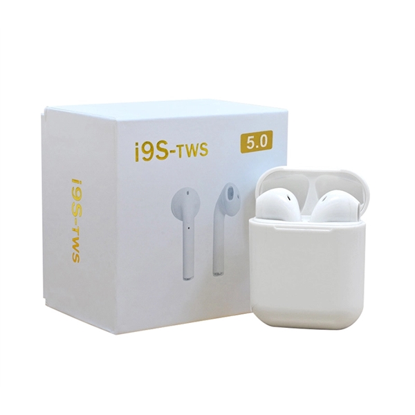 A pair of white wireless bluetooth earbuds with an included charging... from ASI 37218 Athena Promo (tm)