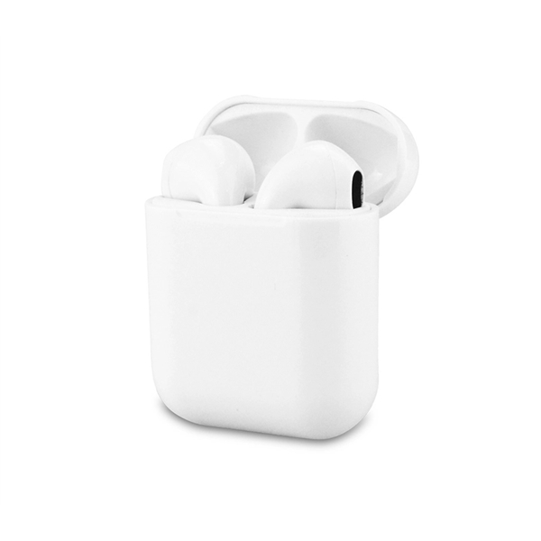 A pair of white wireless bluetooth earbuds with an included charging... from ASI 37218 Athena Promo (tm)