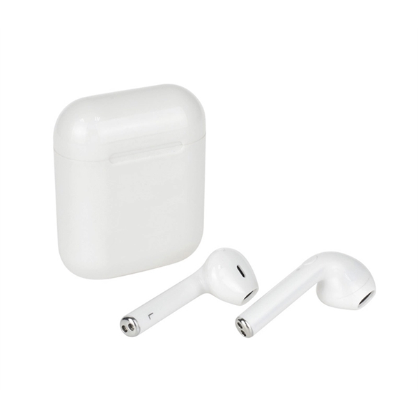 A pair of white wireless bluetooth earbuds with an included charging... from ASI 37218 Athena Promo (tm)
