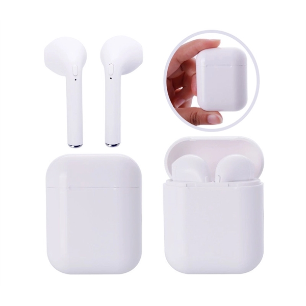 A pair of white wireless bluetooth earbuds with an included charging... from ASI 37218 Athena Promo (tm)