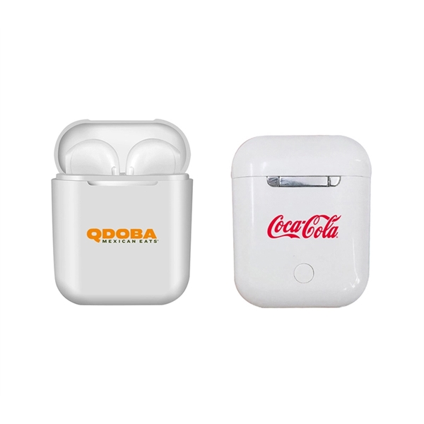 A pair of white wireless bluetooth earbuds with an included charging... from ASI 37218 Athena Promo (tm)