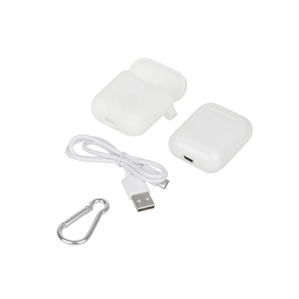 A pair of white wireless bluetooth earbuds with an included charging... from ASI 37218 Athena Promo (tm)