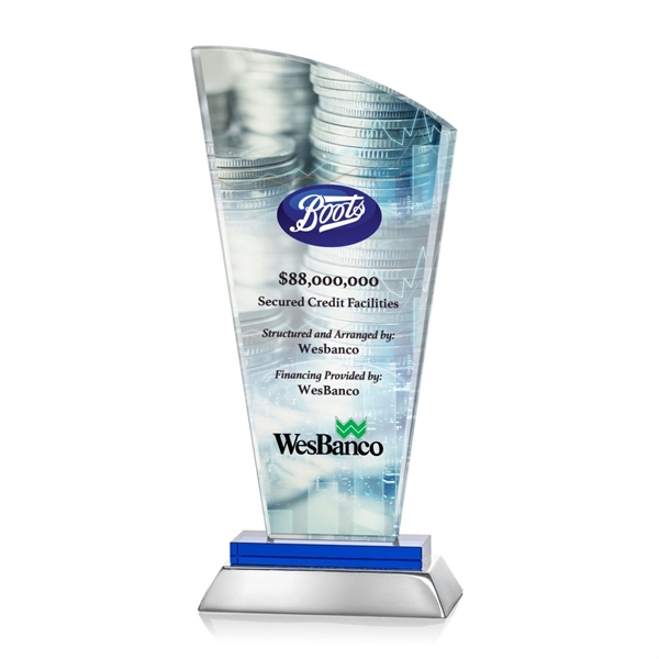 Unique curved optical award with blue optical and aluminum base.... from ASI 84592 St Regis Group / St Regis