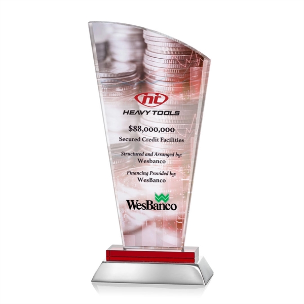 Unique curved optical award with red optical and aluminum base.... from ASI 84592 St Regis Group / St Regis