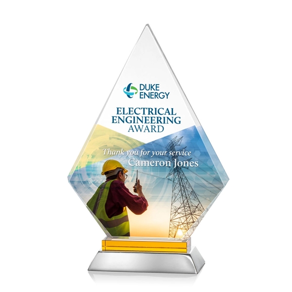 Unique arrow head shaped optical award with amber optical and aluminum... from ASI 84592 St Regis Group / St Regis