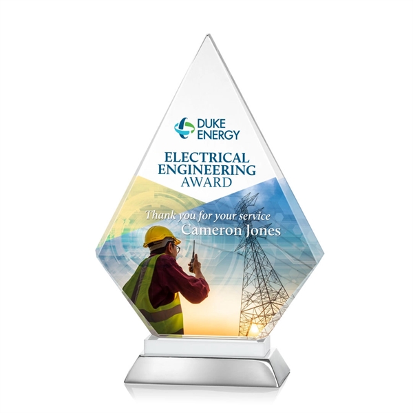 Unique arrow head shaped optical award with white optical and aluminum... from ASI 84592 St Regis Group / St Regis