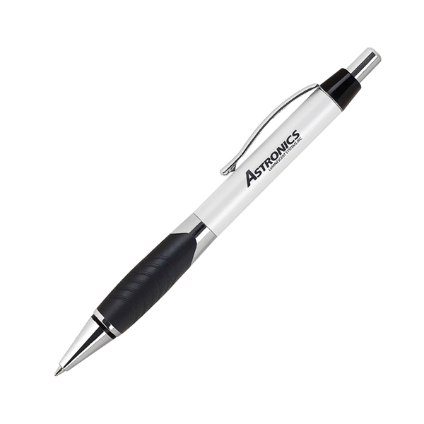 Aluminum click-action pen with a pearl white barrel, colored rubber grip,... from ASI 68190 Lungsal / Lungsal