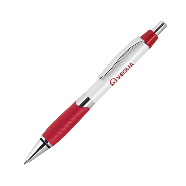 Aluminum click-action pen with a pearl white barrel, colored rubber grip,... from ASI 68190 Lungsal / Lungsal