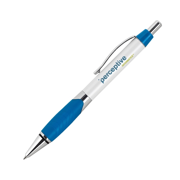 Aluminum click-action pen with a pearl white barrel, colored rubber grip,... from ASI 68190 Lungsal / Lungsal