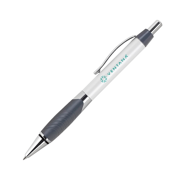 Aluminum click-action pen with a pearl white barrel, colored rubber grip,... from ASI 68190 Lungsal / Lungsal