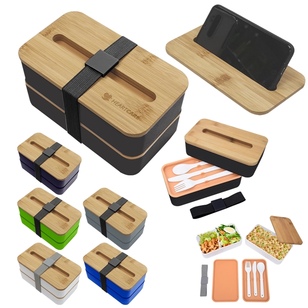 Stackable two-tier Bento Box with removable divider and bamboo wood lid... from ASI 61125 Hit Promotional Products