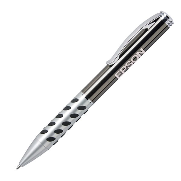 Metal twist-action ballpoint pen with a colored rubberized grip, satin chrome-coated... from ASI 68190 Lungsal / Lungsal