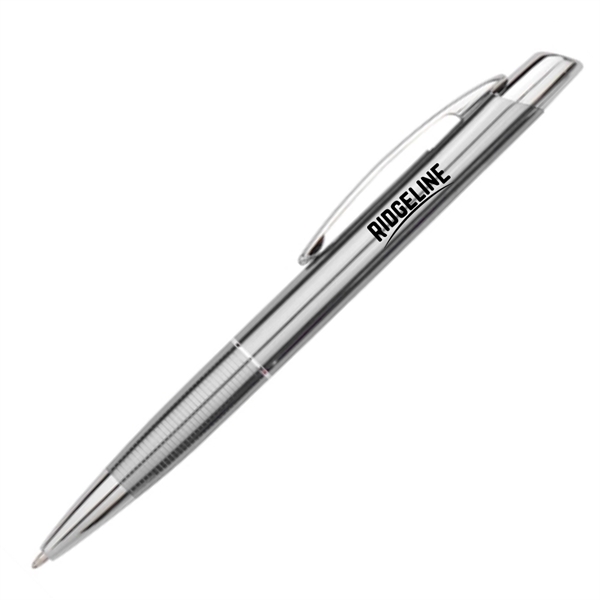 Stylish click action aluminum ballpoint pen with polished silver accents.... from ASI 40544 Binaco