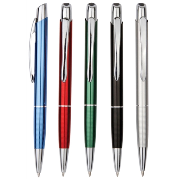 Stylish click action aluminum ballpoint pen with polished silver accents.... from ASI 40544 Binaco