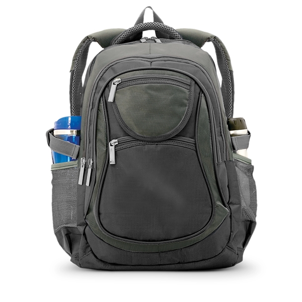 Polyester backpack with two front zipper pockets for easy access and... from ASI 46755 Cosmo Promos
