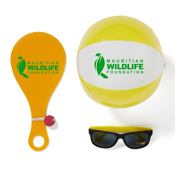 Outdoor paddleball kit with 12" two-tone beach ball and sunglasses in... from ASI 63549 Jornik Manufacturing Corp