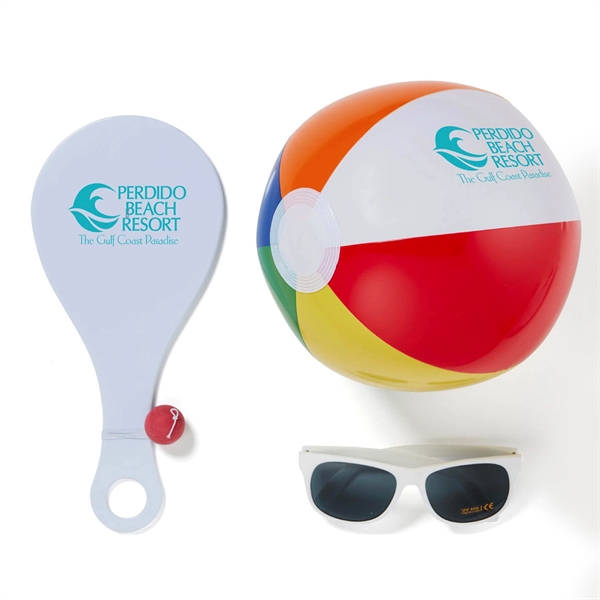Outdoor paddleball kit with 12" two-tone beach ball and sunglasses in... from ASI 63549 Jornik Manufacturing Corp