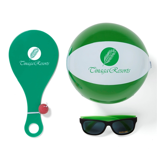 Outdoor paddleball kit with 12" two-tone beach ball and sunglasses in... from ASI 63549 Jornik Manufacturing Corp