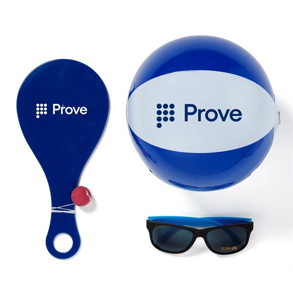 Outdoor paddleball kit with 12" two-tone beach ball and sunglasses in... from ASI 63549 Jornik Manufacturing Corp
