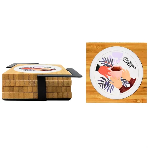 4pc bamboo coaster set with stand combines bamboo & PVC for... from ASI 61966 HPG / Beacon Promotions