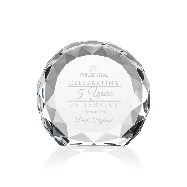Optic crystal round award with faceted edges and a flat bottom.... from ASI 84592 St Regis Group / St Regis
