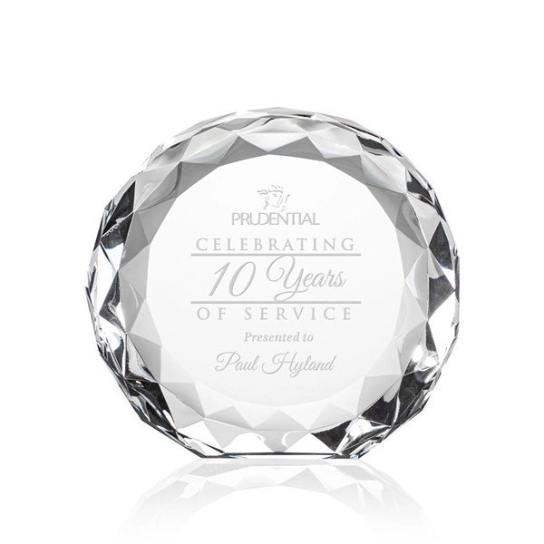 Optic crystal round award with faceted edges and a flat bottom.... from ASI 84592 St Regis Group / St Regis