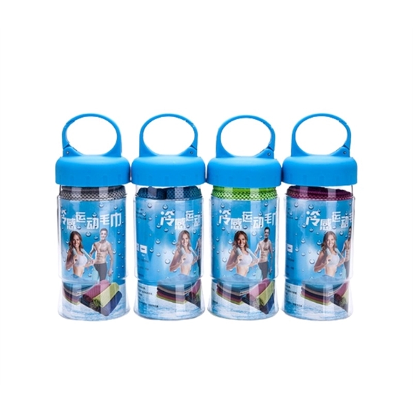 Cooling towel in plastic bottle + free full color heat transfer... from ASI 37218 Athena Promo (tm)