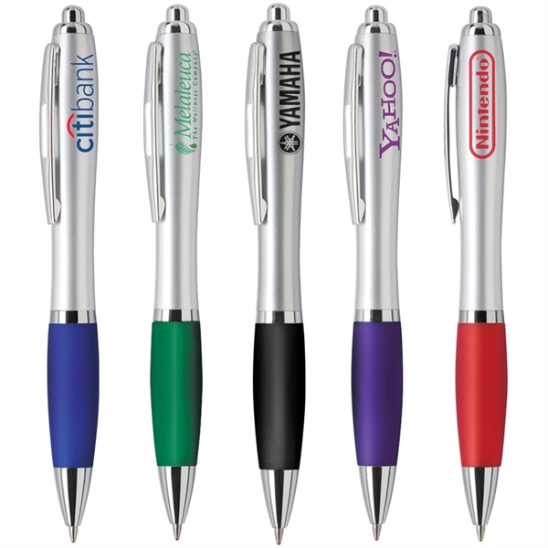 Click-action ballpoint pen with a matte silver barrel, featuring a frosted... from ASI 68190 Lungsal / Lungsal