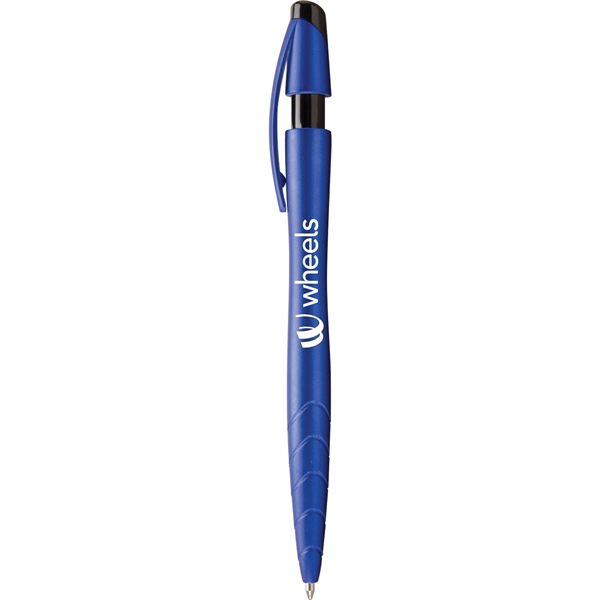 Retractable ballpoint pen with shimmering metallic barrel, notched plunger, black trim,... from ASI 61966 HPG / Hub Pen
