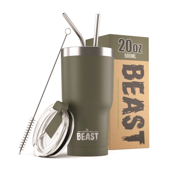 Green Steel 20oz coated Beast vacuum insulated tumbler with steel straw.... from ASI 72657 Active Life Promo / Apres Ski