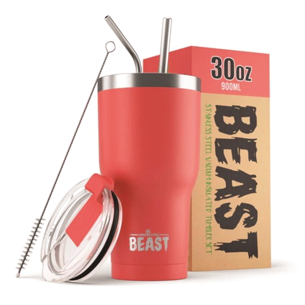 Green Steel 30oz coated Beast vacuum insulated tumbler with steel straw.... from ASI 72657 Active Life Promo / Apres Ski