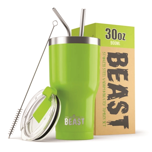 Green Steel 30oz coated Beast vacuum insulated tumbler with steel straw.... from ASI 72657 Active Life Promo / Apres Ski