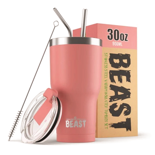 Green Steel 30oz coated Beast vacuum insulated tumbler with steel straw.... from ASI 72657 Active Life Promo / Apres Ski