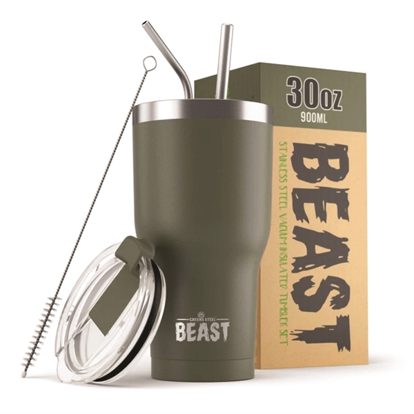 Green Steel 30oz coated Beast vacuum insulated tumbler with steel straw.... from ASI 72657 Active Life Promo / Apres Ski