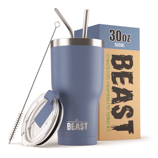 Green Steel 30oz coated Beast vacuum insulated tumbler with steel straw.... from ASI 72657 Active Life Promo / Apres Ski