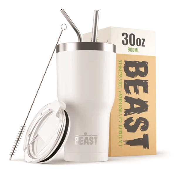 Green Steel 30oz coated Beast vacuum insulated tumbler with steel straw.... from ASI 72657 Active Life Promo / Apres Ski