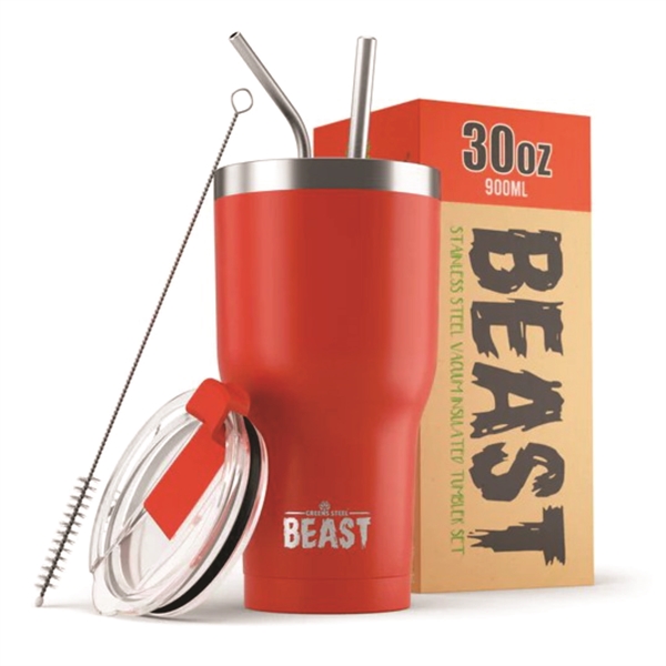 Green Steel 30oz coated Beast vacuum insulated tumbler with steel straw.... from ASI 72657 Active Life Promo / Apres Ski